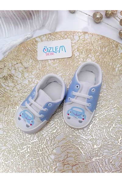 DİĞER1111 Araba Baskı Bağcıklı Bebek Ayakkabısı Mavi