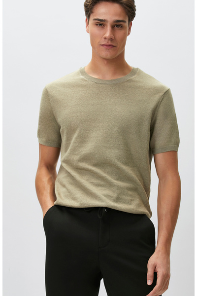 Network Slim Fit Açık Haki Keten Karışımlı Kazak
