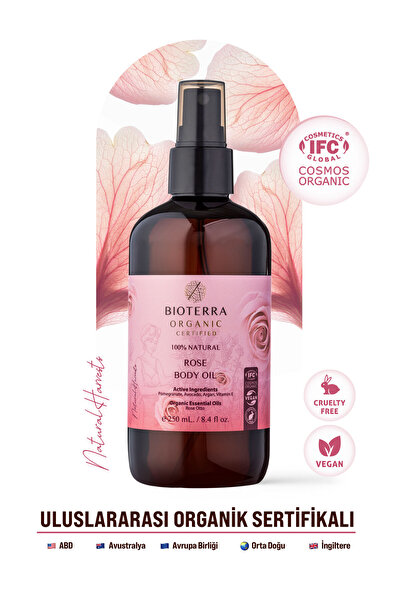 Bioterra زيت الجسم بالورد العضوي |   مرطب طبيعي ومغذي للبشرة - 250 مل