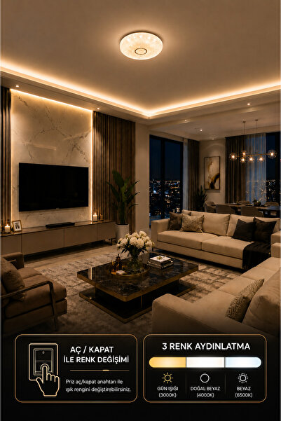 Modavize Serenat LED Krom Avize Modern Tasarımlı 3 Renk Dimmer Özellikli Plaf...