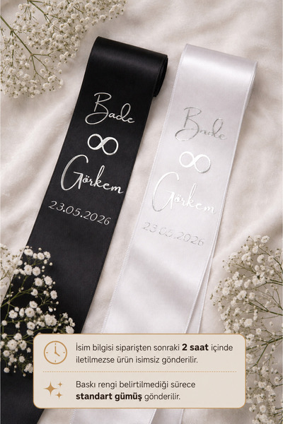 Frisson Kişiye Özel Nişan Düğün Gelin Damat İsimli Tarihli Takı Kurdelesi Siy...