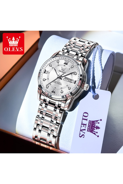 choice2 ساعة نسائية فضية بيضاء OLEVS 5513 فاخرة مع مؤشرات ماسية وتقويم مزدوج ...