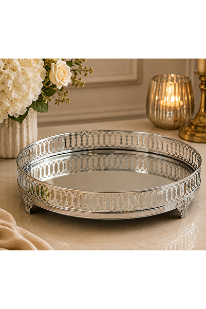 Hinora Round Metal Glass Presentation Tray Mirrored Silver Decorative Serving...
