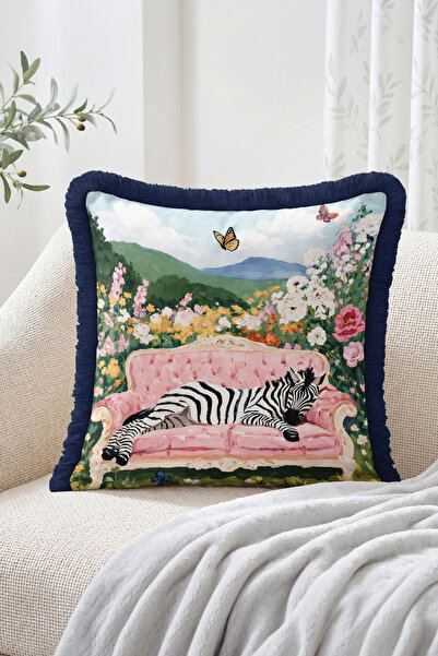 Realhomes Flower Garden Patterned Fringed Cushion Cover with Zebra Figure Lyi...