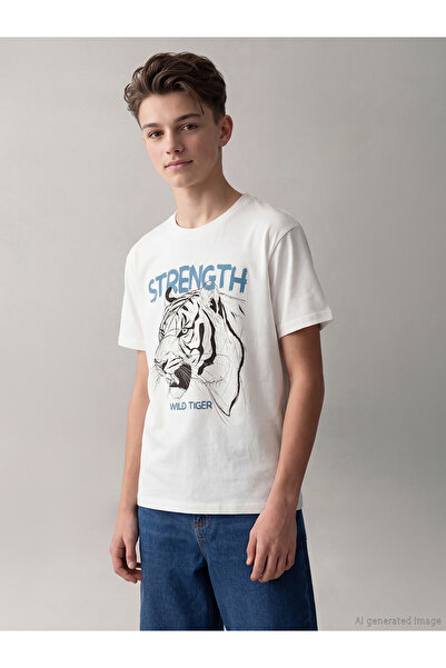 LC Waikiki Original Oval Collar Printed Boy's T-Shirt