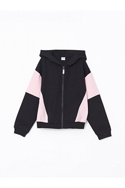 LC Waikiki Nevavm Girl's Hooded Zipper Sweatshirt with Difference in Color