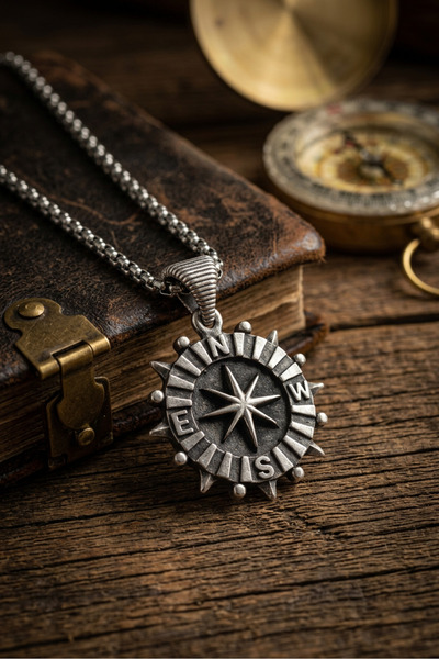 Begondio Compass Handcrafted Stainless Steel Chain Men's Necklace