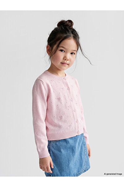 LC Waikiki Alita City Embroidered Oval Collar Girls' Knitwear Cardigan with a...