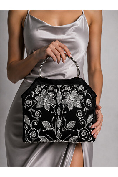 GUSTELLO Satin Fabric Silver Metal Handle Women's Handbag Evening Dress Bag