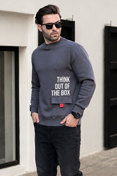 Madmext Smoked Crew Neck Raised Pocket Detailed Printed Men's Sweatshirt 7061