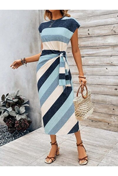 Generic Brand Women's Short Sleeve Crew Neck Belted Waist Long Single Jersey ...