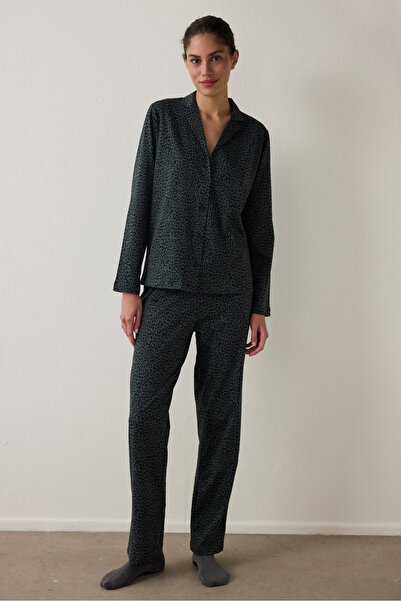Penti Black Dark Leopard Cotton Shirt and Pants Pajama Set