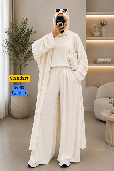 Balenbi Kadın Penye Uzun Hırka Bluz Geniş Paça Pantolon Abaya Takım Ekru 1217