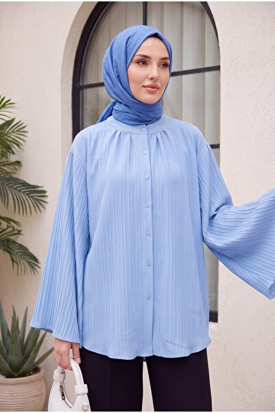 Modamorfo Round Neck Buttoned Spanish Sleeve Siena Tunic -Blue
