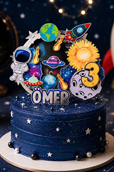 Uzay Gezegen Temalı Kişiye Özel Erkek Çocuk Doğum Günü Pasta Süsü Uzay Temalı Cake Topper (22x20 Cm)