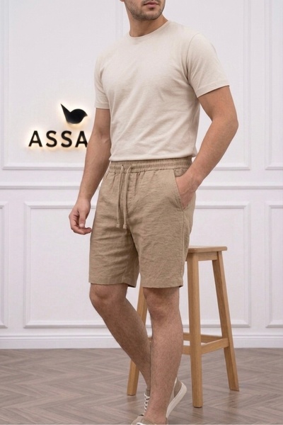 assef Men's Regular Fit Relaxed Cut Elastic Waist and Drawstring Beige Linen Shorts Lightweight and Comfortable