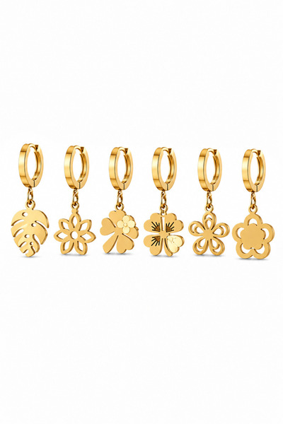 Çiçek & Yaprak Figürlü Gold Çelik Küpe Seti – 6’lı Kombin