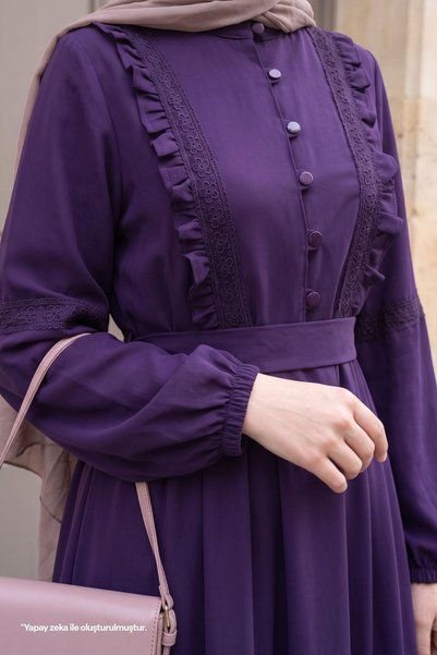 InStyle Lace Detailed Belted Purple Dress