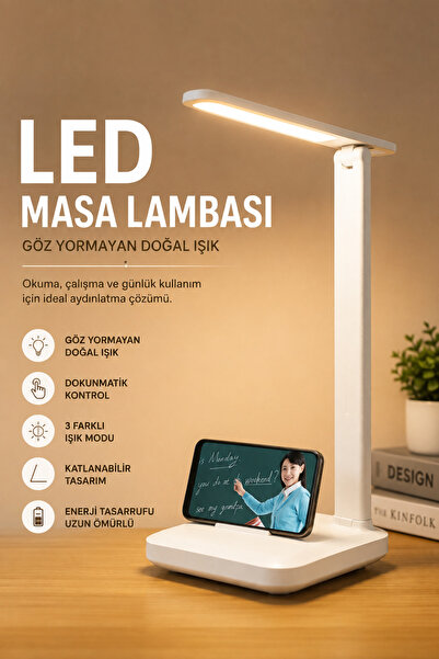 Ecuy LED Masa Lambası Şarjlı Dokunmatik Katlanabilir Telefon Standlı Çalışma ...