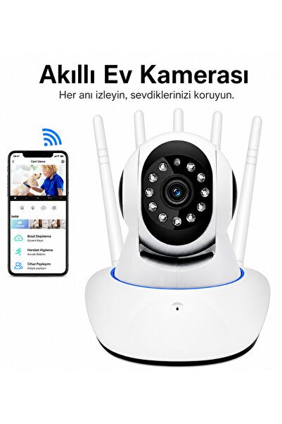 BLUE İNTER 360° Wifi İp Güvenlik Kamera 5 Antenli Gece Görüşlü Sensörlü Harek...