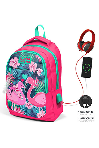 Coral High Kids Neon Mercan Flamingo Desenli Üç Bölmeli Usb'li Çıkışlı Okul S...