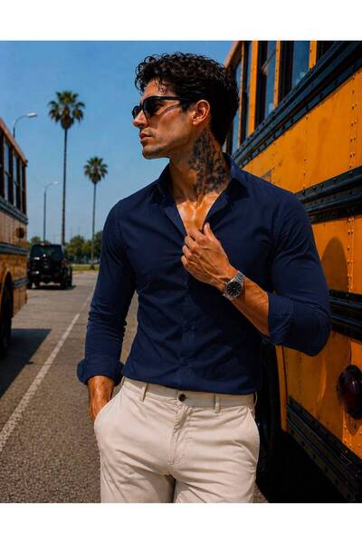 sepetx Erkek Premium Pamuk Saten Slim Fit Koyu Lacivert Gömlek | Modern ve Şı...