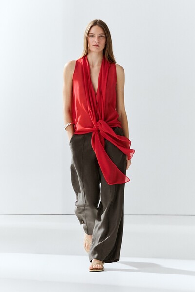 Massimo Dutti %100 ipek, bağcıklı, yarı transparan top