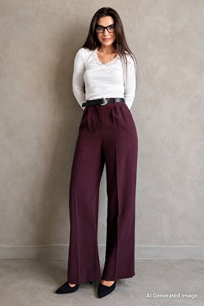 Madmext Plum High Waist Pleated Belted Wide Leg Women's Pants Mg2615