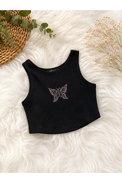 eladamoda Black Butterfly Detailed Girl's Cotton Crop Blouse