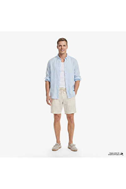 Nautica Erkek Krem Regular Fit Çizgili Keten Şort