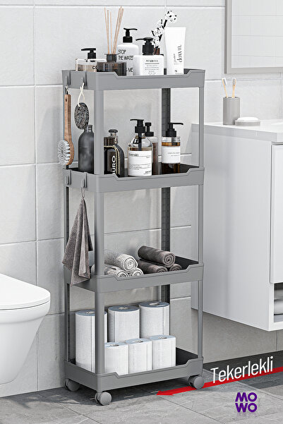 Mowo Home Mowo 4 Katlı Gri Tekerlekli Banyo Rafı, Mutfak Rafı, Havluluk, Dete...