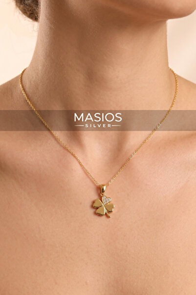Masios Silver Zirkon Taşlı Gold Renk 4 Yapraklı Yonca Model 925 Ayar Gümüş Kolye
