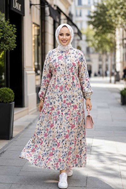 Hb Harma Time Butik Kadın Düğmeli Modal Desenli Renkli Elbise