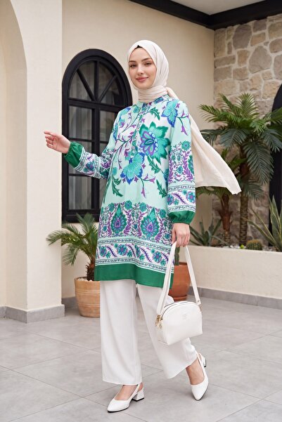 Modamorfo Floral Patterned Half-Button Cotton Viscose Tunic - Green