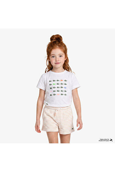 Lacoste Kız Çocuk Bisiklet Yaka Baskılı Beyaz T-Shirt