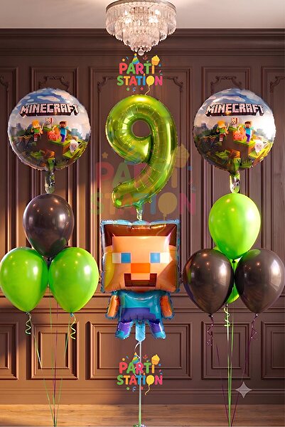 Parti Station Yeşil Rakam Balonlu Minecraft Konsept Doğum Günü 9 Yaş Balon Se...