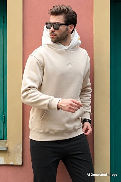 Madmext Beige Hooded Color Blocked Embroidery Detailed Men's Sweatshirt 7088