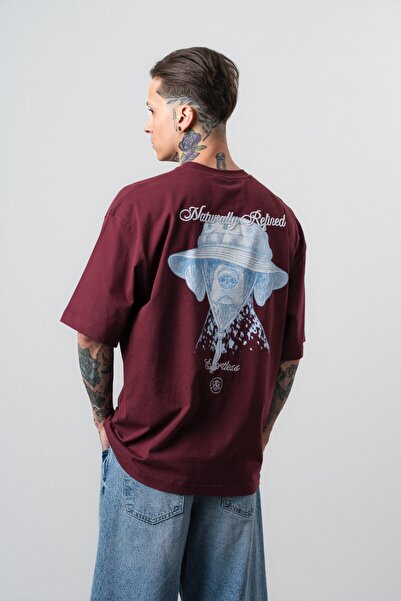 Respire Tricou oversize cu imprimeu rafinat pentru bărbați, roșu claret