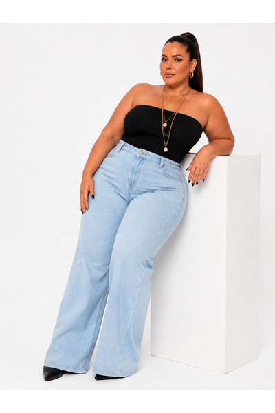 nd jeans بنطلون جينز واسع الساق للنساء مقاس كبير جدًا بخصر عالٍ جدًا ES مرن O...