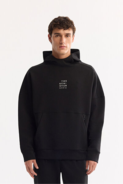 Avva Men's Black Hooded Collar Easy-Iron Bi-Stretch Printed Oversize Fit Swea...