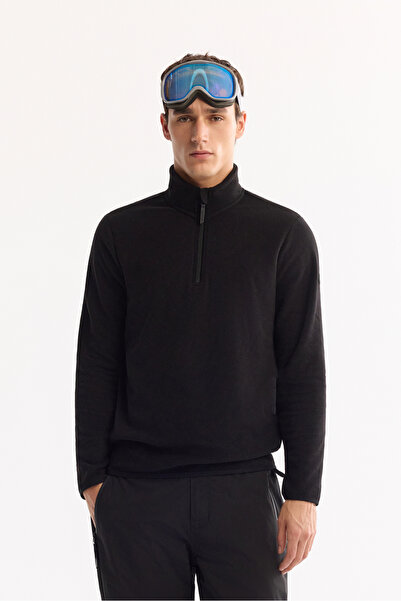 Avva Men's Black Stand Collar Zippered Soft Touch Fleece Regular Fit Sweatshi...