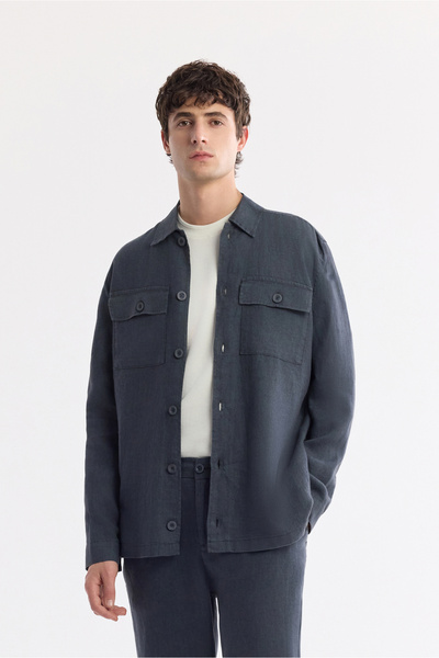 Avva Men's Anthracite Classic Collar 100% Linen Comfort Fit Shirt Jacket A51Y...