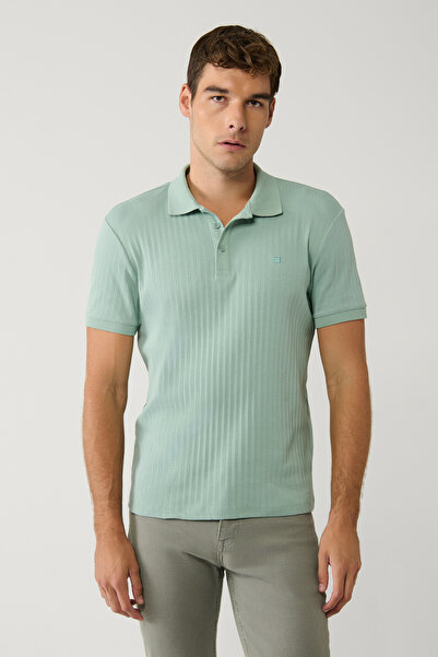 Avva Men's Aqua Green 100% Cotton 3-Button Jacquard Polo Collar Regular Fit T...
