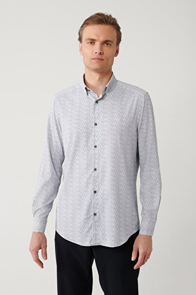 Avva Erkek Siyah-Gri Alttan Britli Yaka Desenli Travel Slim Fit Gömlek A41Y2010