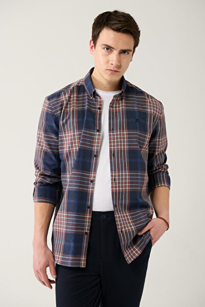 Avva Men's Navy Blue-Brown Buttoned Collar Cotton Plaid Lumberjack Shirt A32Y...