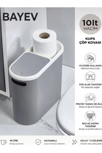 Bayev Кошче за боклук Kups Grey 10 L Click, за кухня, баня, тоалетна с държач...