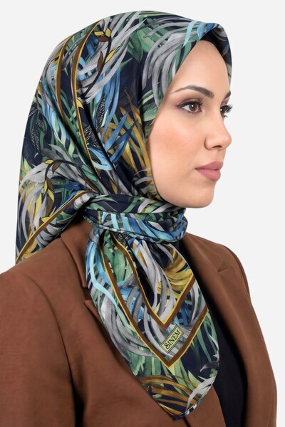 hadiora Women's Navy Blue Green Tropical Leaf Patterned Stitched Writing Cott...