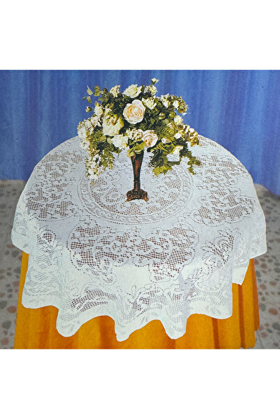 Choice 90X90Cm White Artistic Embroidered Bouquet White Woven Round Tableclot...