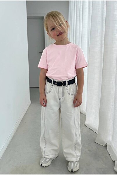 hety Dečije široke pamučne pantalone sa pojasom, u boji krem, sa kontrastnim ...