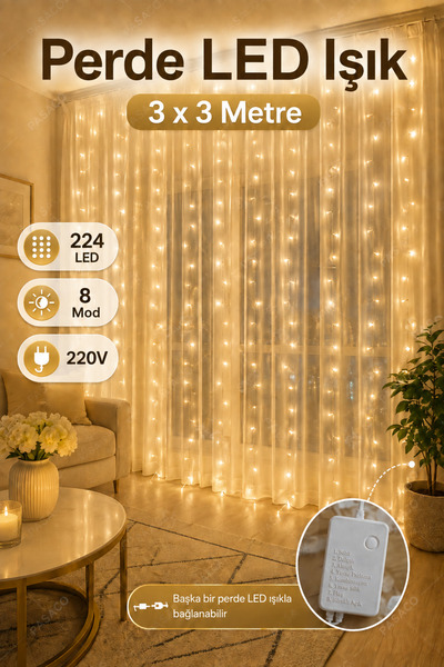 PASACO Perde LED Işık 3x3 Metre 224 LED Gün Işığı 8 Mod 220V Birleştirilebili...
